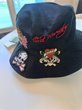 Ed Hardy Black Kids Bucket Hat with Colorful Skull Embroidery
